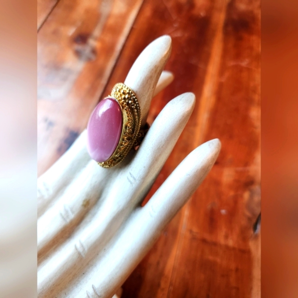 Pink Cat's Eye Statement Ring with Beautiful Filigree Detailing
